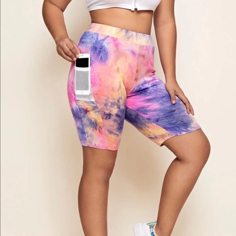 Plus Fishnet Mesh Pocket Side Tie Dye Biker Short